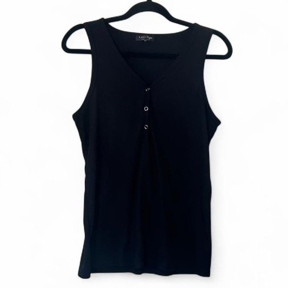 Effortless Chic Black Ribbed Henley Tank Womens Large Sleeveless V-Neck - Picture 2 of 8